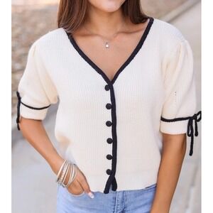 BiBi The Bow Essence V Neck Sweater Button Down Cream Black Estimated Small